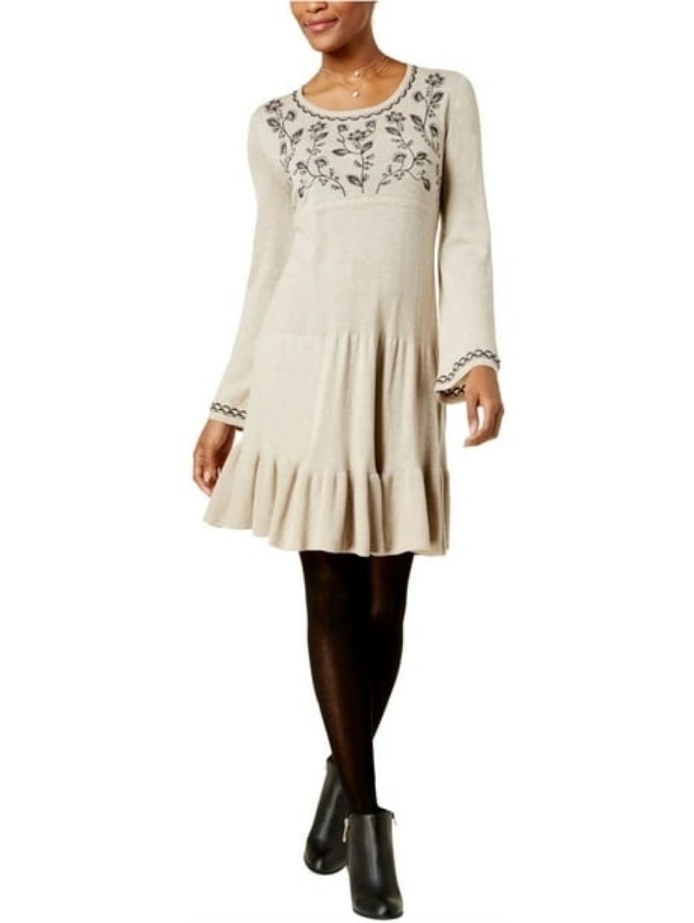 Style & Co. Tan & Black Embroidered Long Sleeve Ruffle Hem Mini Dress Size XS